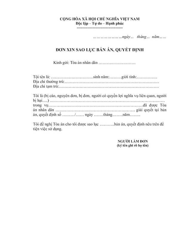 Mẫu đơn xin trích lục quyết định ly hôn