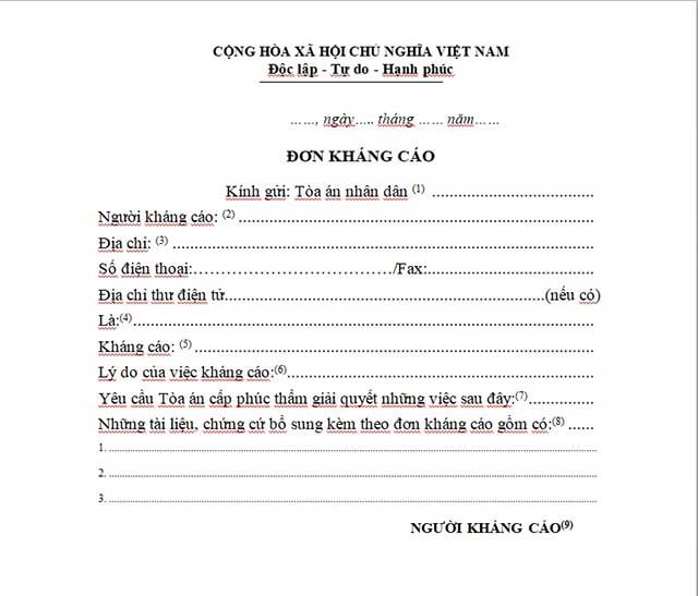 Mẫu đơn kháng cáo ly hôn
