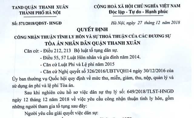 Quyết định công nhận thuận tình ly hôn