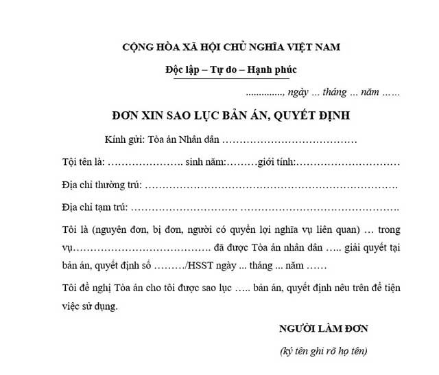 Mẫu đơn xin trích lục bản án ly hôn